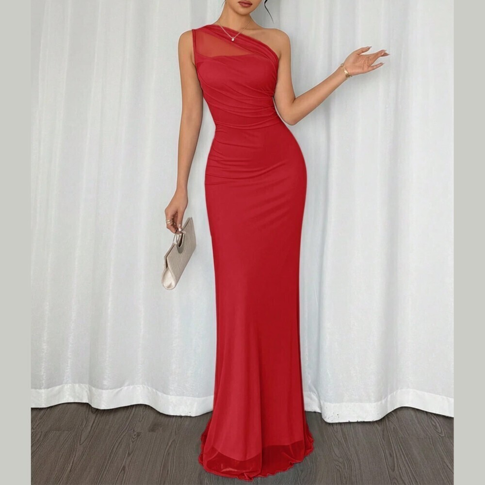 Red Mesh Panel One Shoulder Ruched Mermaid Maxi Dress